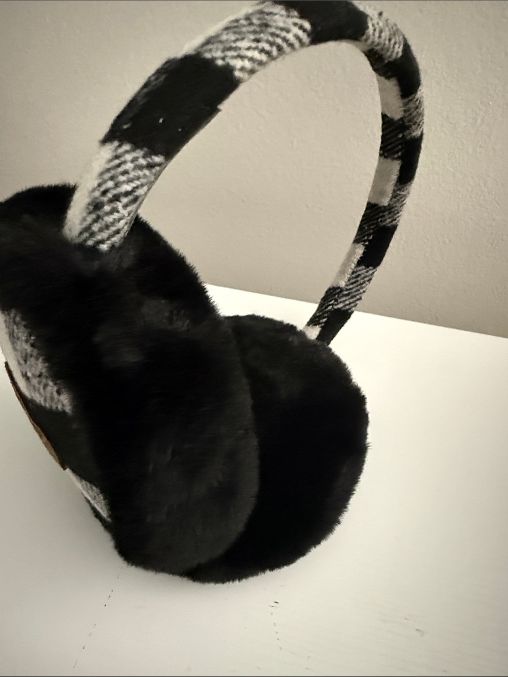 C.C Black Faux Fur Ear Muffs with Black & Cream Plaid Headband